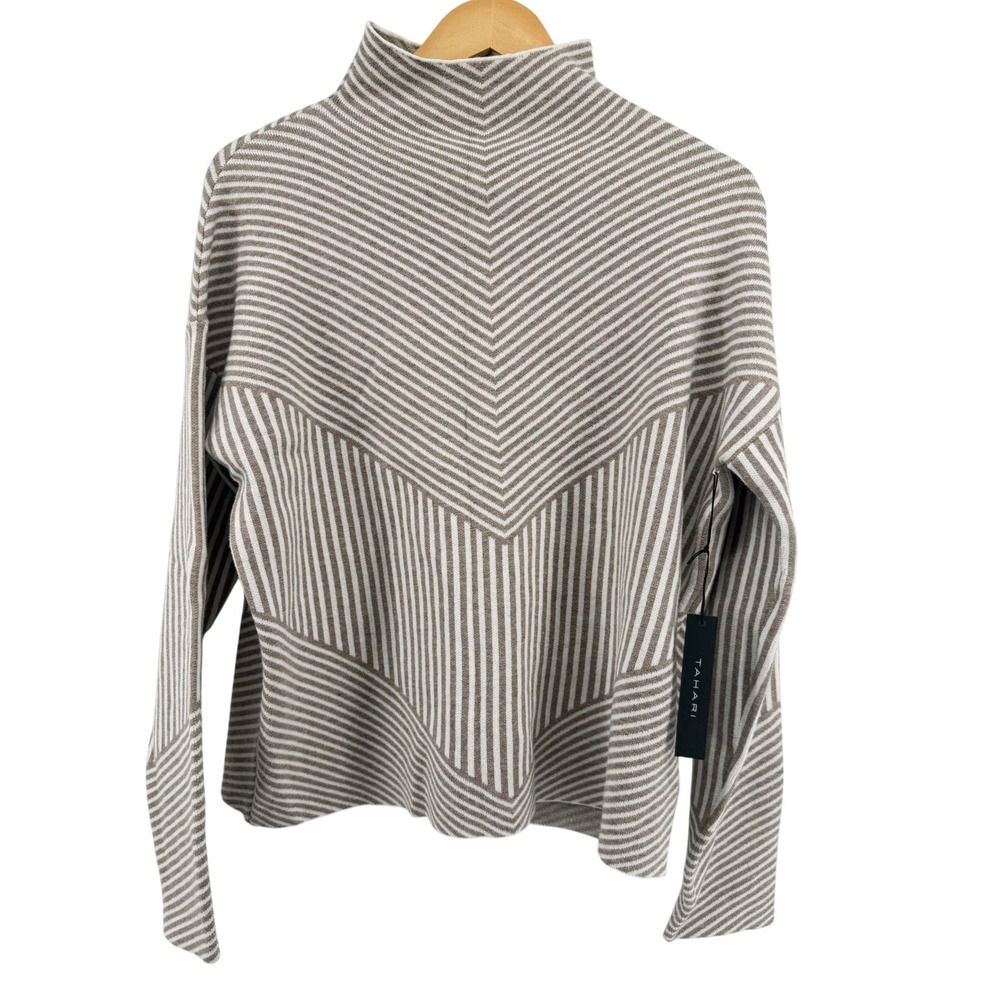 Tahari Womens Striped Mock Neck Sweater Taupe White Chevron Knit Top Large NEW